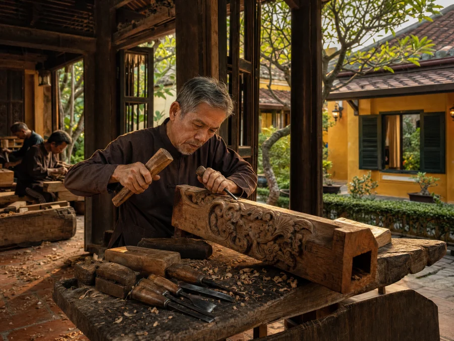 Nghệ nhân Kim Bồng gia công khung gỗ teak thủ công