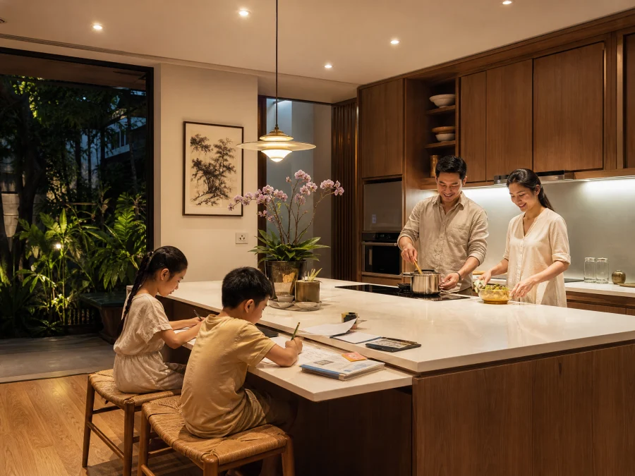Gia đình Việt Nam quây quần bên bếp ăn hiện đại rộng rãi