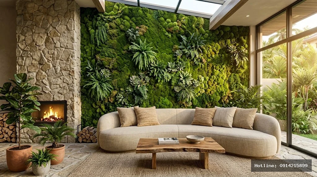 Từ góc sofa hữu cơ nhìn về phía tường rêu và lò sưởi — thảm sợi tự nhiên, bàn cà